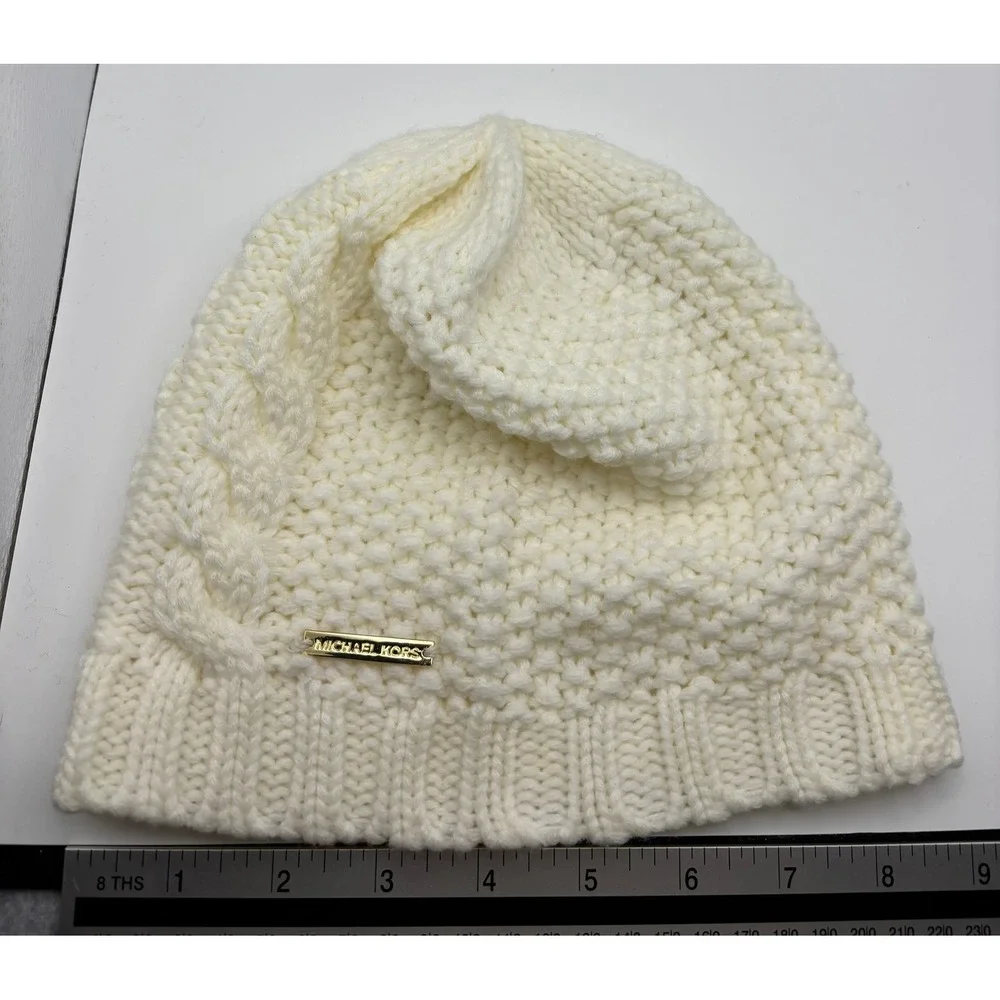 Michael Kors Women's Beanie Hat Cream White Cable Knit Gold Logo Plaque Winter